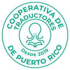 プエルトリコで事業を行う、翻訳サービスの生協であるトラドゥコープのロゴ。ロゴの中心に本を読んでいるタコがいます。