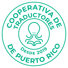 El sello de TRADUCOOP, una cooperativa puertorriqueña de servicios de traducción. El centro del sello contiene un pulpo leyendo un libro.